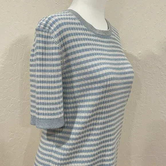 ~Brooks Brothers XL Sweater Short Sleeved Striped Metallic Ribbed Knit Lite Blue - Picture 10 of 16